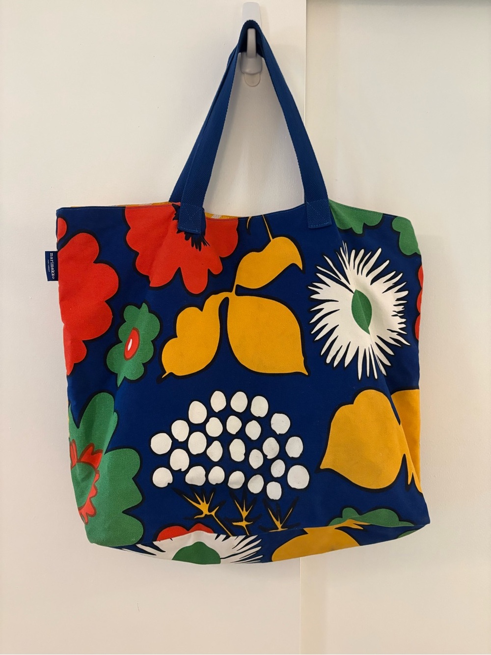 Bold Blue Floral Canvas Tote Bag with Multicolor Print